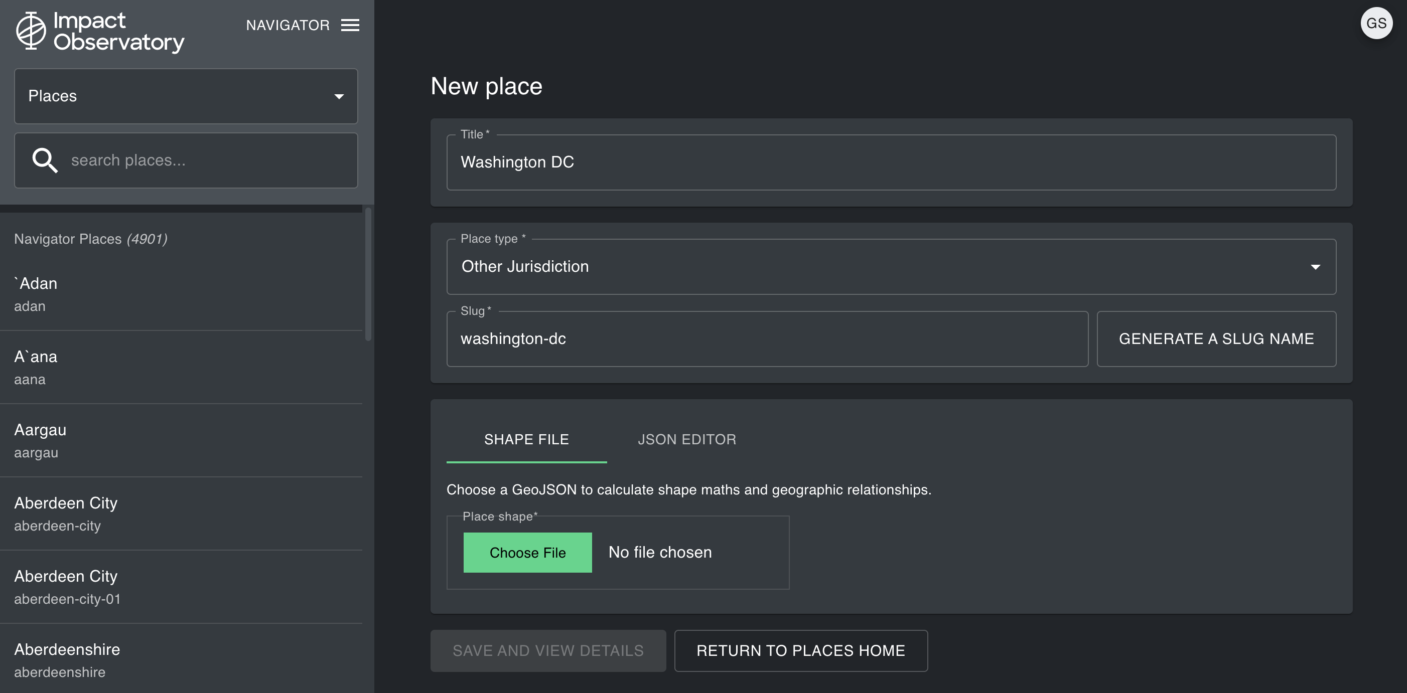 Create New Place Menu