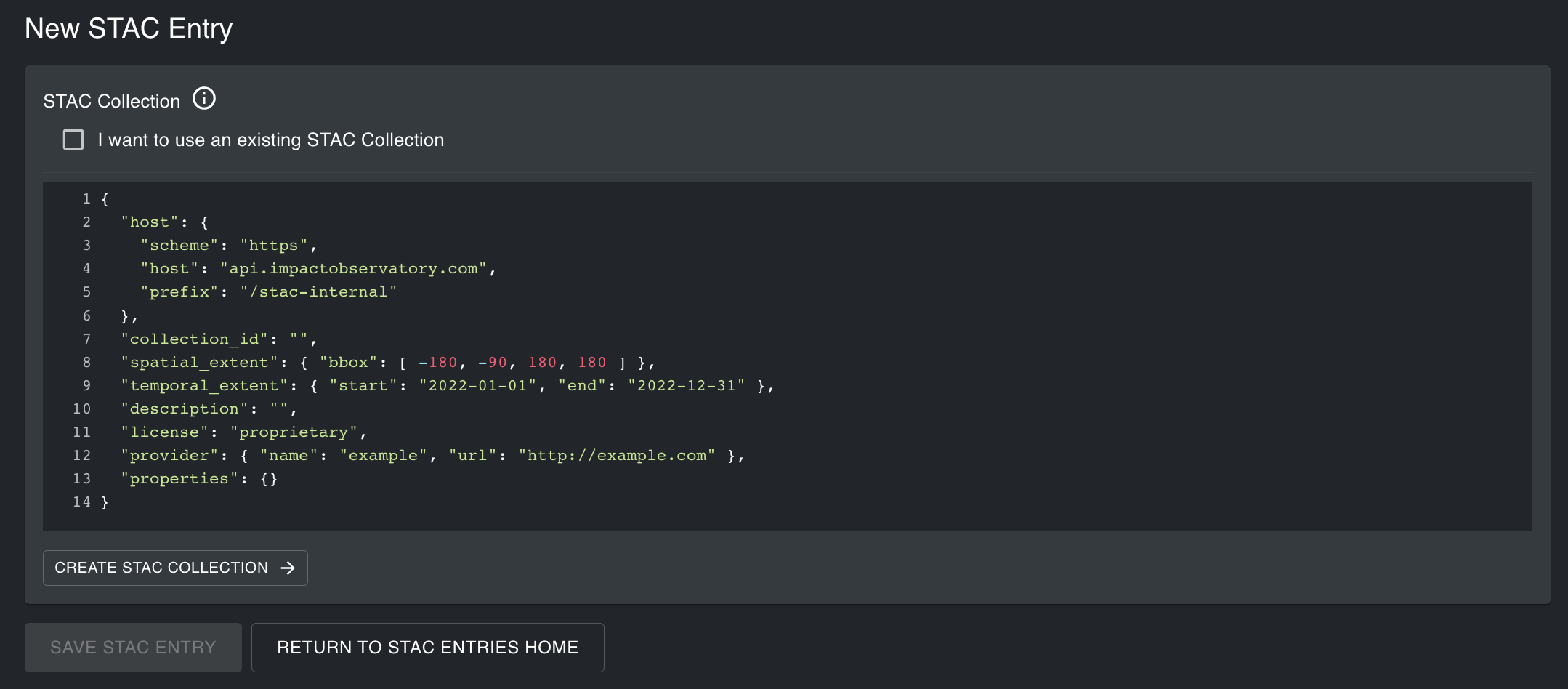 STAC Entries Create STAC Collection screen