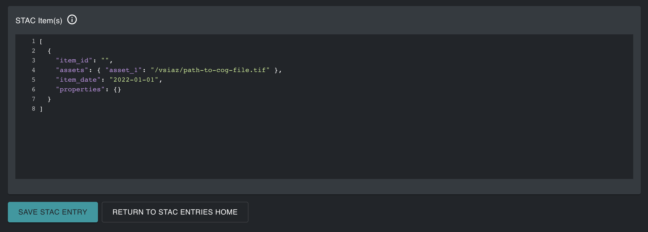 STAC Entries Create STAC Items screen