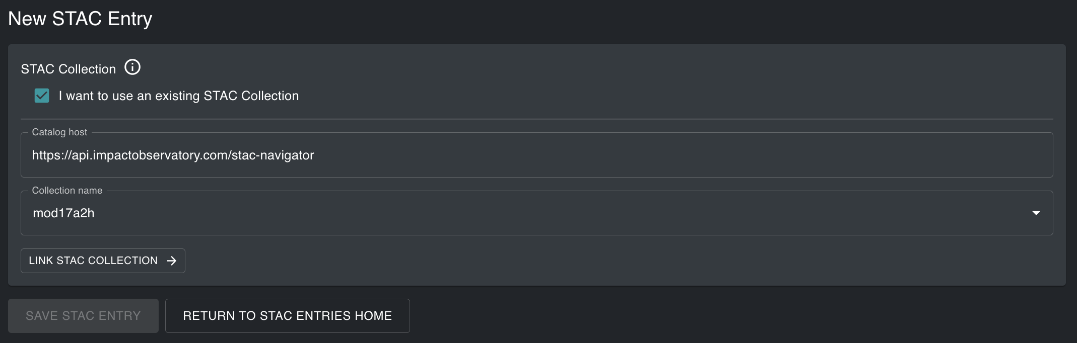 STAC Entries use exsiting STAC Collection screen